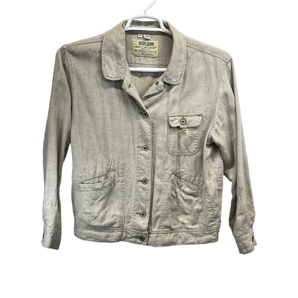 Guess Jeans Women's Beige Vintage 100% Linen‎ Utility Button Up Jacket Medium